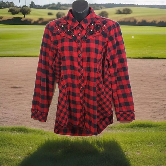 Reba Size Large Buffalo Plaid Red Black Snap Up Beaded Raw Edge Flannel Shirt - Picture 2 of 14